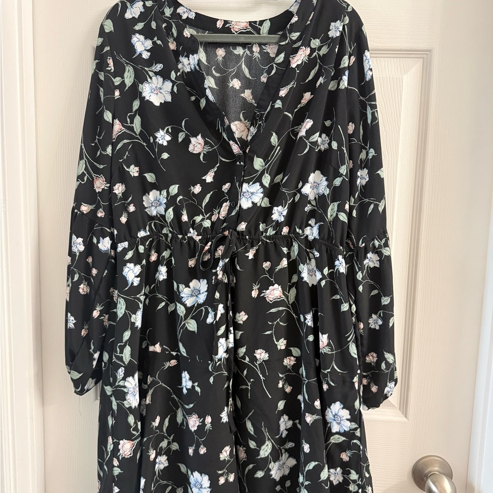 Allegra K Women's Button Front Tie Vintage Long Sleeve Floral Dresses Black